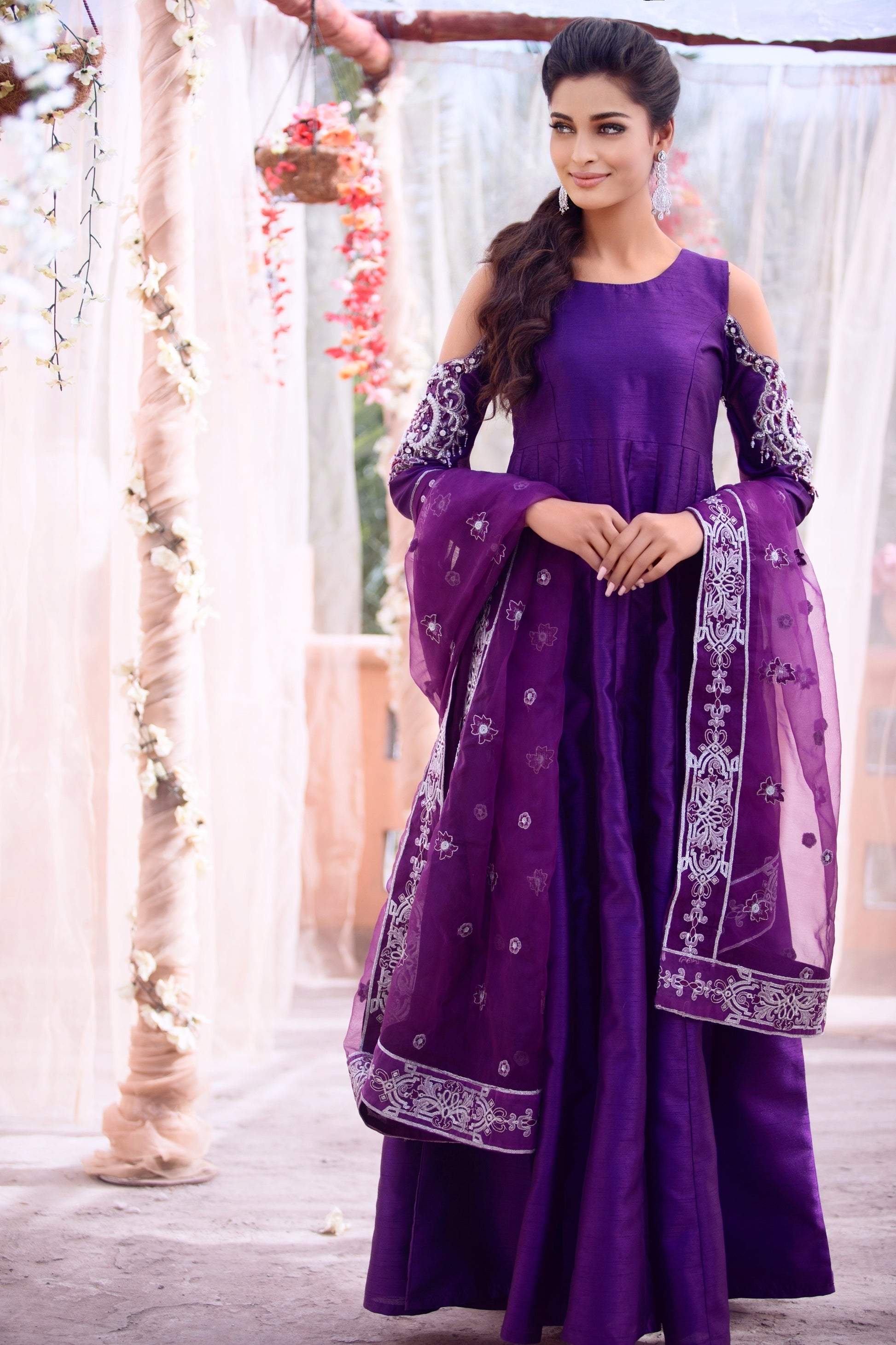 Purple raw silk womens pret for weddings 